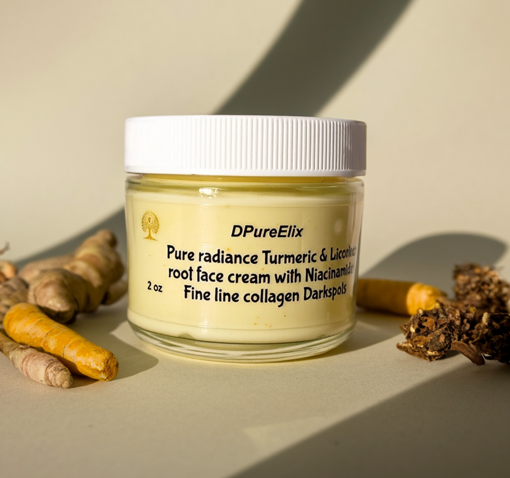 A jar of DPureElix Pure Radiance Turmeric & Licorice Root Face Cream with Niacinamide displayed alongside ingredients such as turmeric and licorice root.