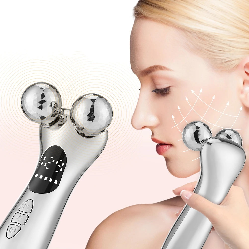 Facial massager device held by a person with a close-up of a woman's face on a white background